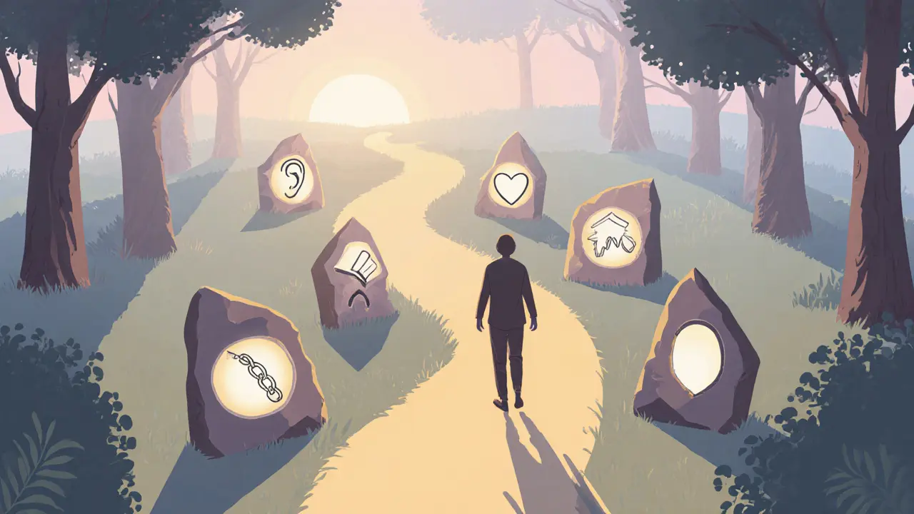 Cesta lesem s osmi svítícími kameny, které označují kroky k sebepřijetí.