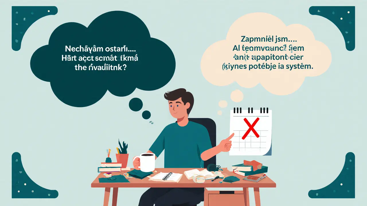 Dospělý u psacího stolu s protichodnými myšlenkami o ADHD a systémech.