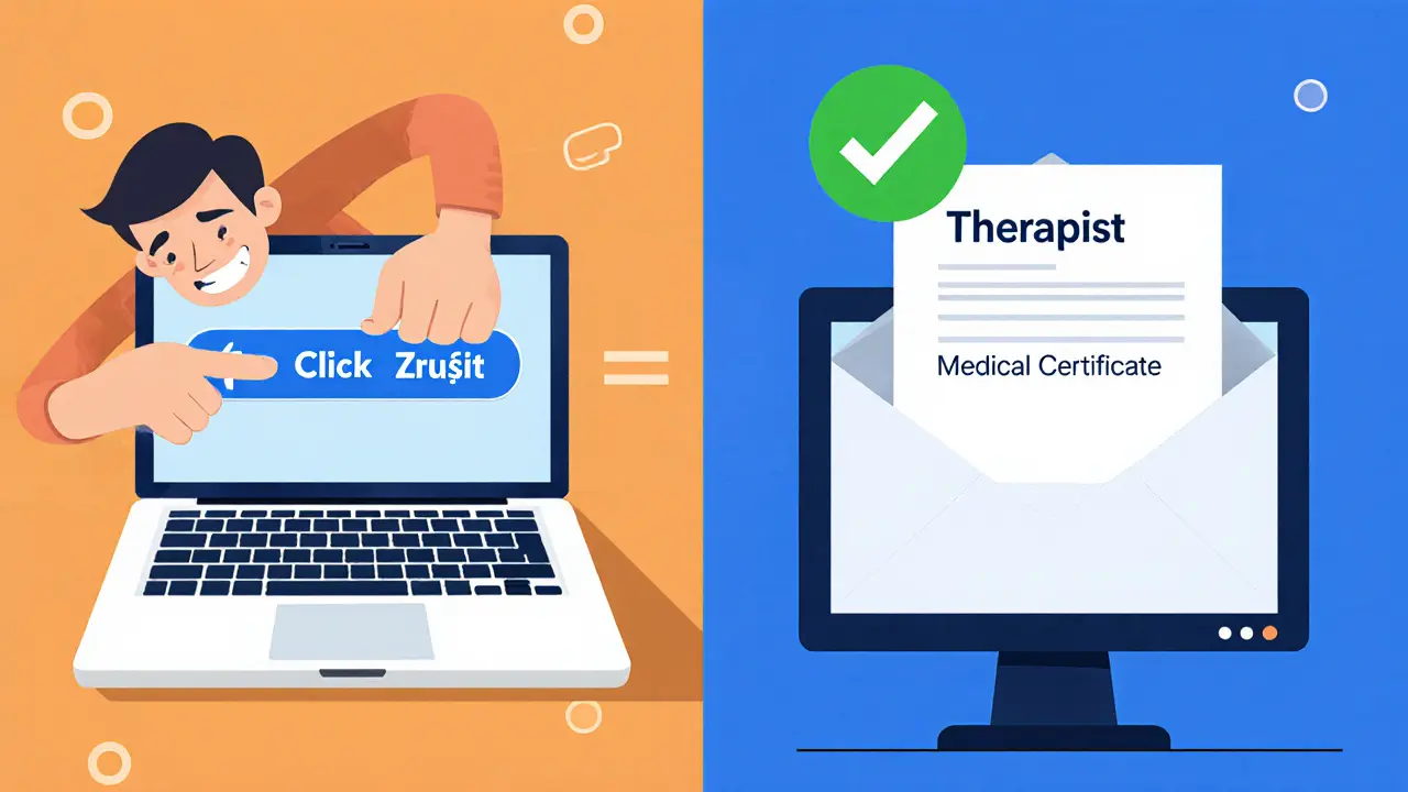 Klient ruší sezení pozdě vlevo, terapeut přijímá lékařské potvrzení vpravo.
