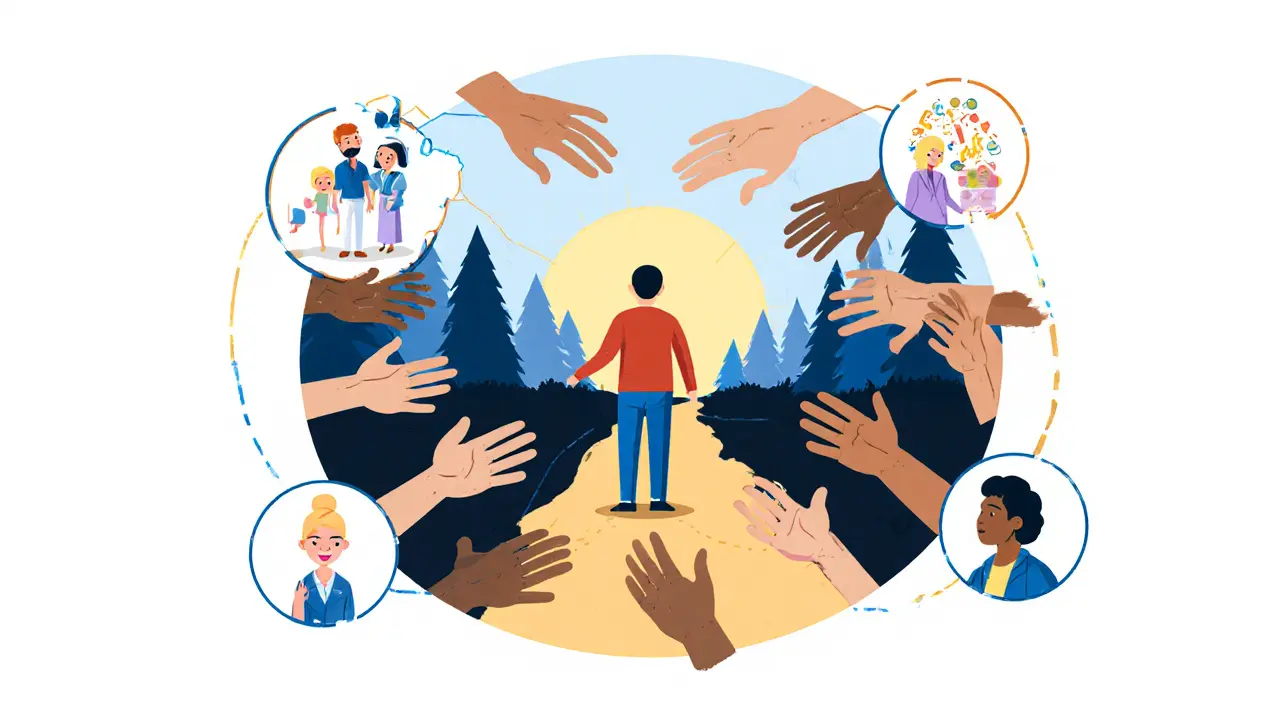 Kruh podpory kolem dítěte — některé ruce jsou poškozené, jiné pevné a ochranné.