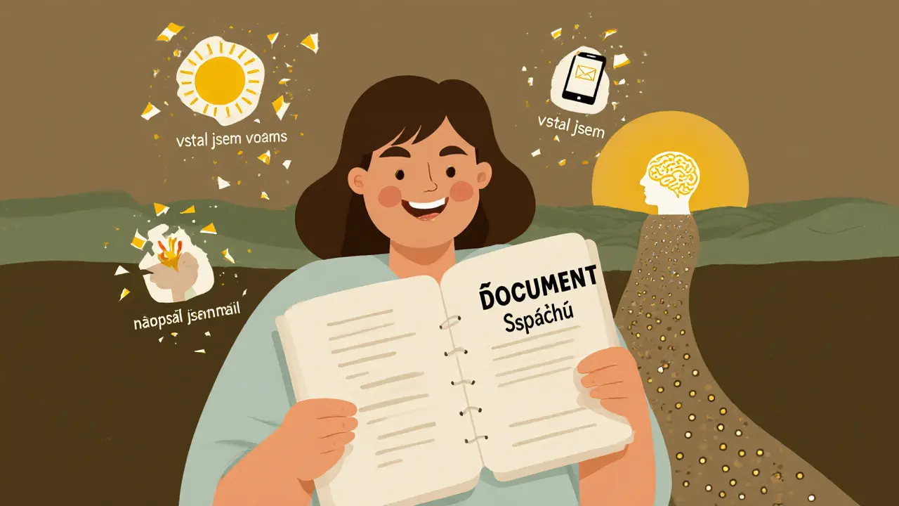 Osoba drží deník úspěchů s malými ikonami úspěchů a negativní myšlenky se rozptylují.