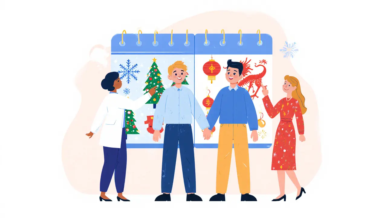 Pár ukazuje společný kalendář s českými a čínskými svátky, terapeut stojí za nimi.