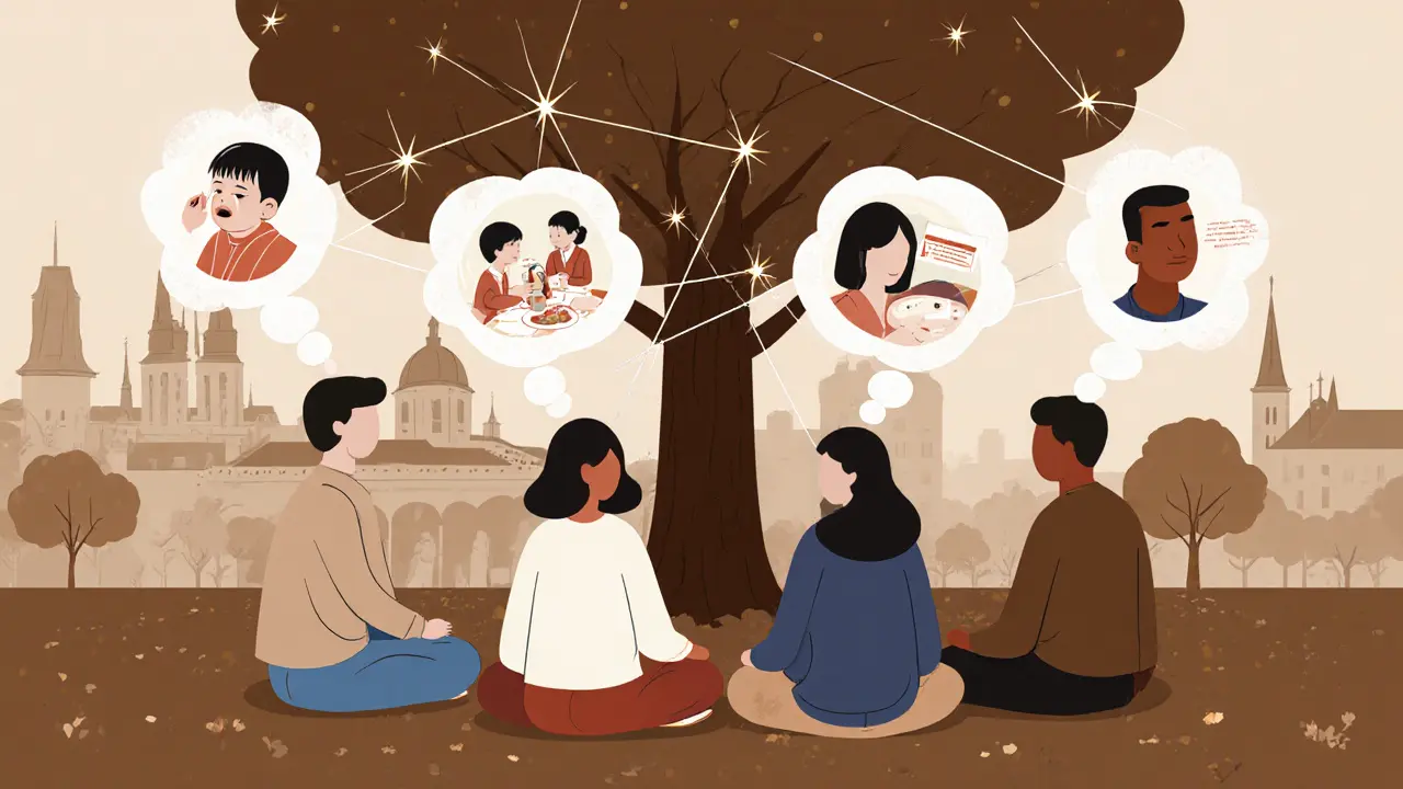 Různé mezikulturní páry sdílejí příběhy v parku, jejich vzpomínky jsou spojeny světelnými nitěmi.