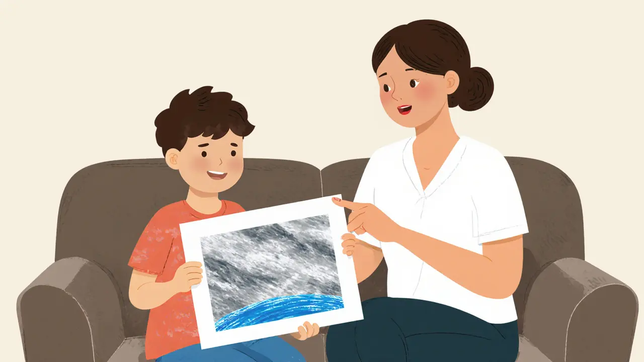 Terapeut a dítě spolu kreslí, z temné oblohy se objevuje klidná obloha.