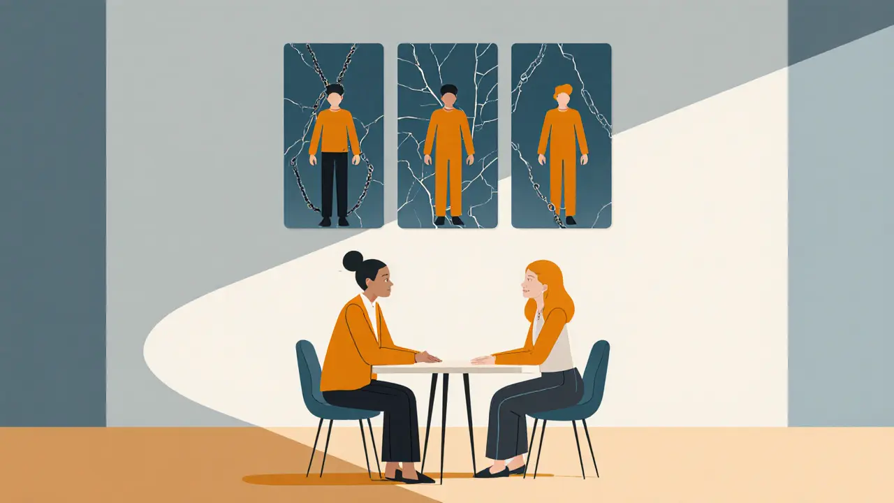 Terapeut a klient spolu hovoří, nad nimi se objevují tři verze klienta v průhledných panelech.