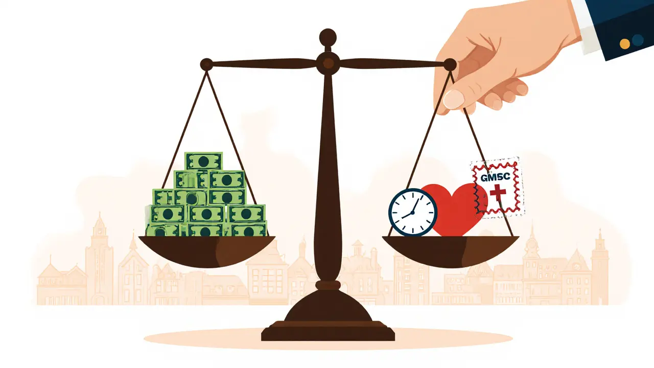 Váha s penězi a lidskostí, která se naklání k porozumění v terapii.