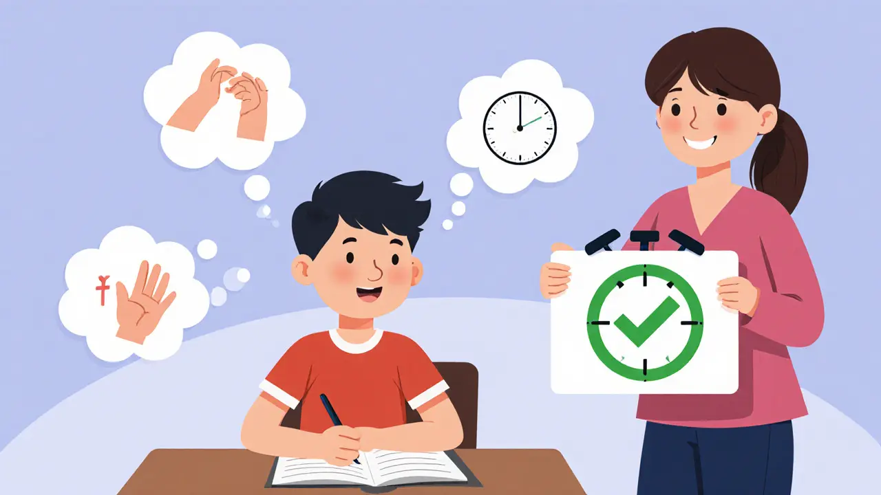 Dítě ve třídě s fidgetingem a přerušovanými myšlenkami, podporované strukturovaným přístupem.