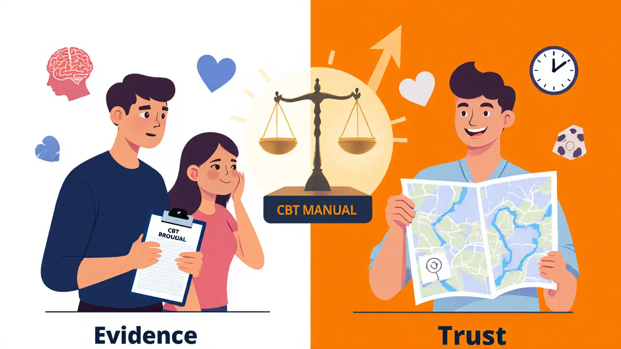 Dvě scény: rigidní protokol proti personalizovanému přístupu v terapii.