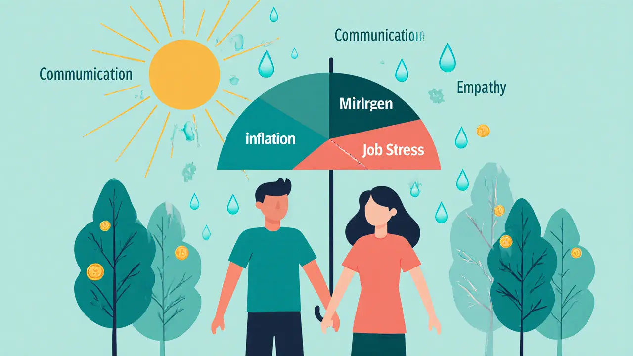 Dvojice drží ruce pod dešťovkou tvaru rozpočtu, dešťové kapky označeny finančními tlaky.