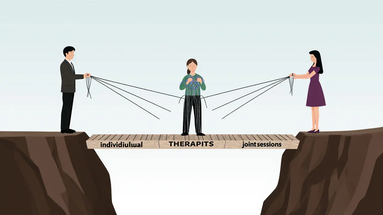 Pár stojí na mostě nad propastí, terapeut níže spojuje jejich nitky, symbolizující obnovu vztahu.
