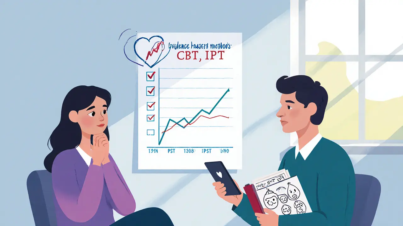 Terapeut a klient společně sledují graf emocí během terapie.