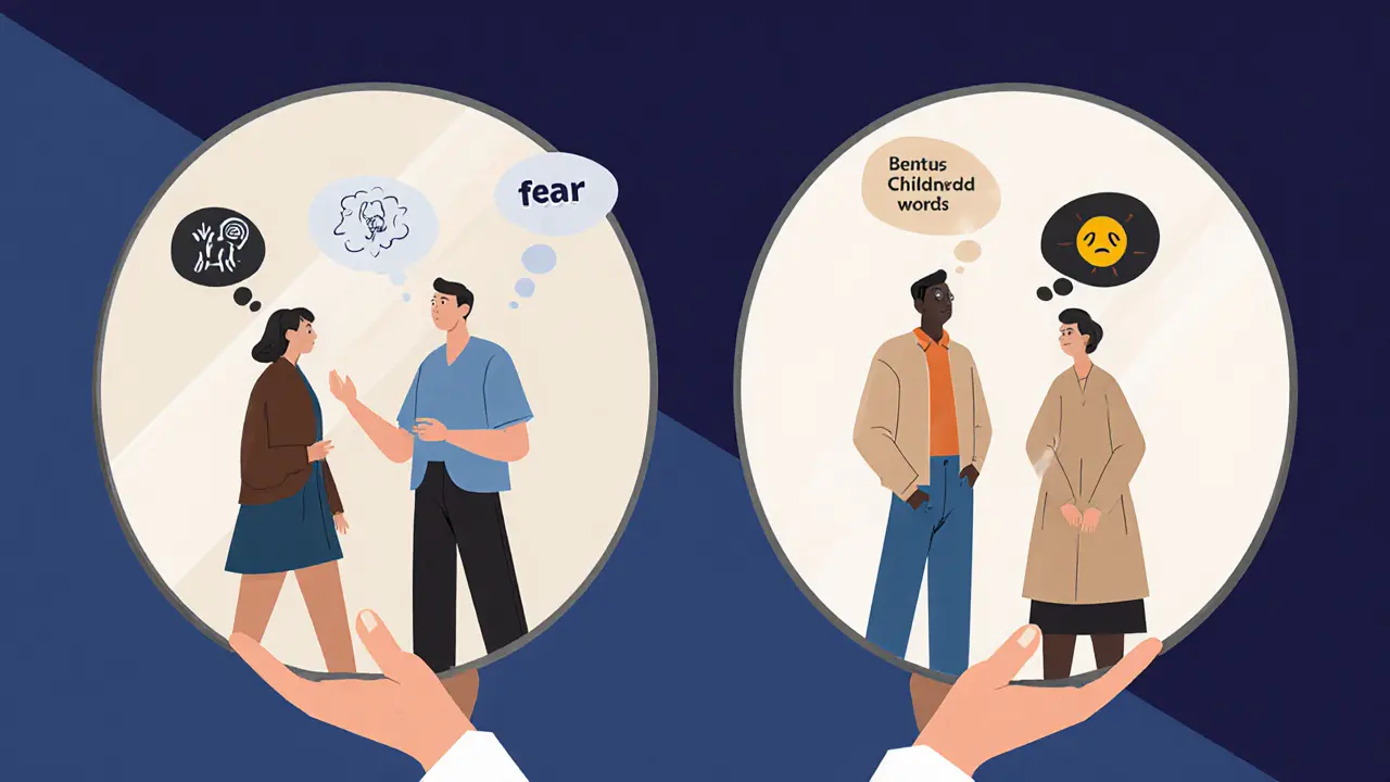 Terapeut drží dvě zrcadla: jedno ukazuje hádku, druhé ukazuje vnitřní myšlenky každého partnera.