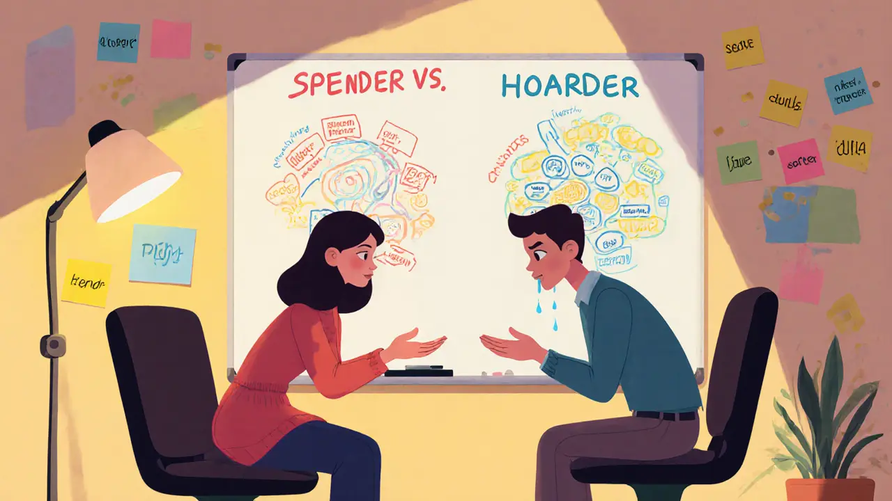 Terapeut s dvojicí na křeslech, na tabuli viditelné finanční mapy a emotivní poznámky.