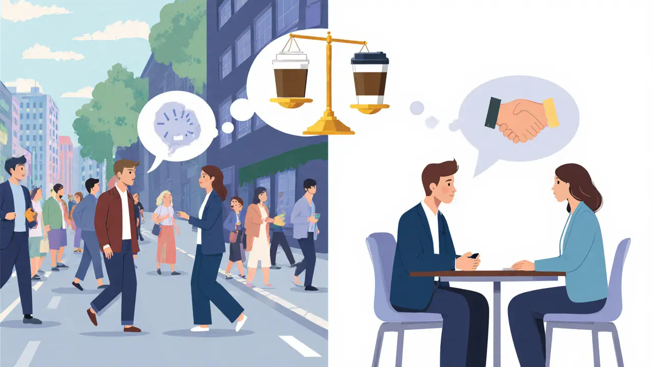 Dvě scény: terapeut ignoruje klienta venku vs. otevřená konverzace v terapii.