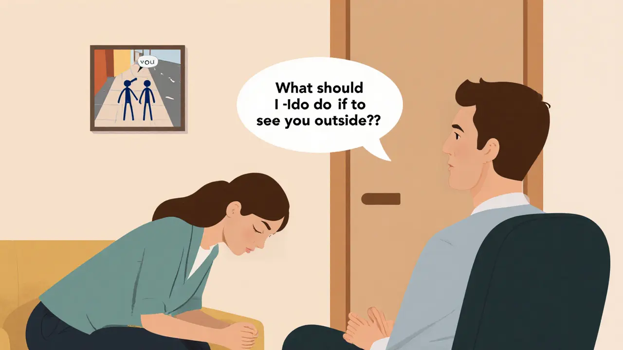 Klient se ptá terapeuta, jak se chovat při náhodném setkání venku.