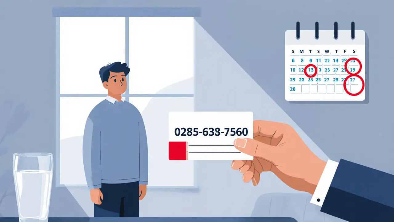 Osoba předává list s telefonním číslem závislému, kteří stojí u okna v pohodlném bytě.