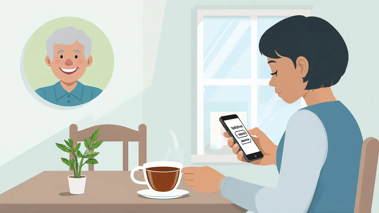 Rodinný příslušník sedí u kuchyňského stolu a dívá se na telefon s číslem linky pomoci, sluneční světlo v okně.