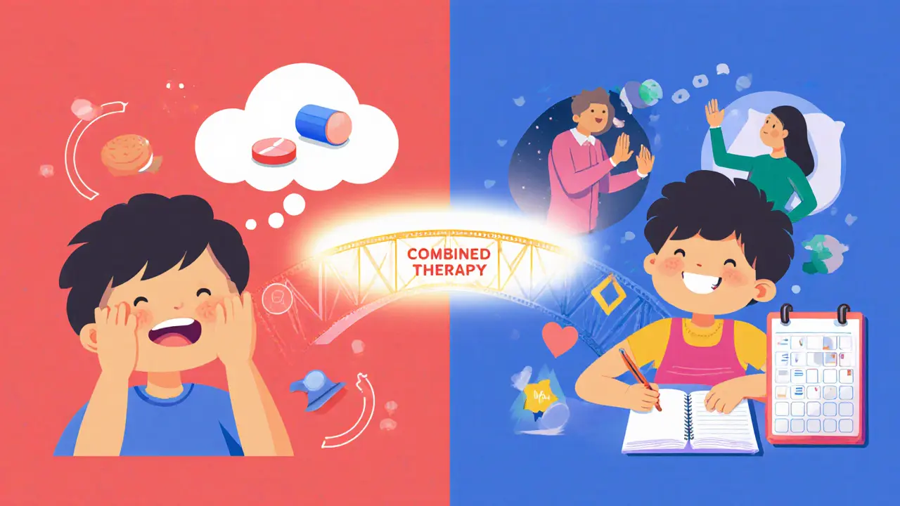 Dítě v dvou scénách: po léčbě léky a po kombinované terapii s plánováním a podporou rodičů.