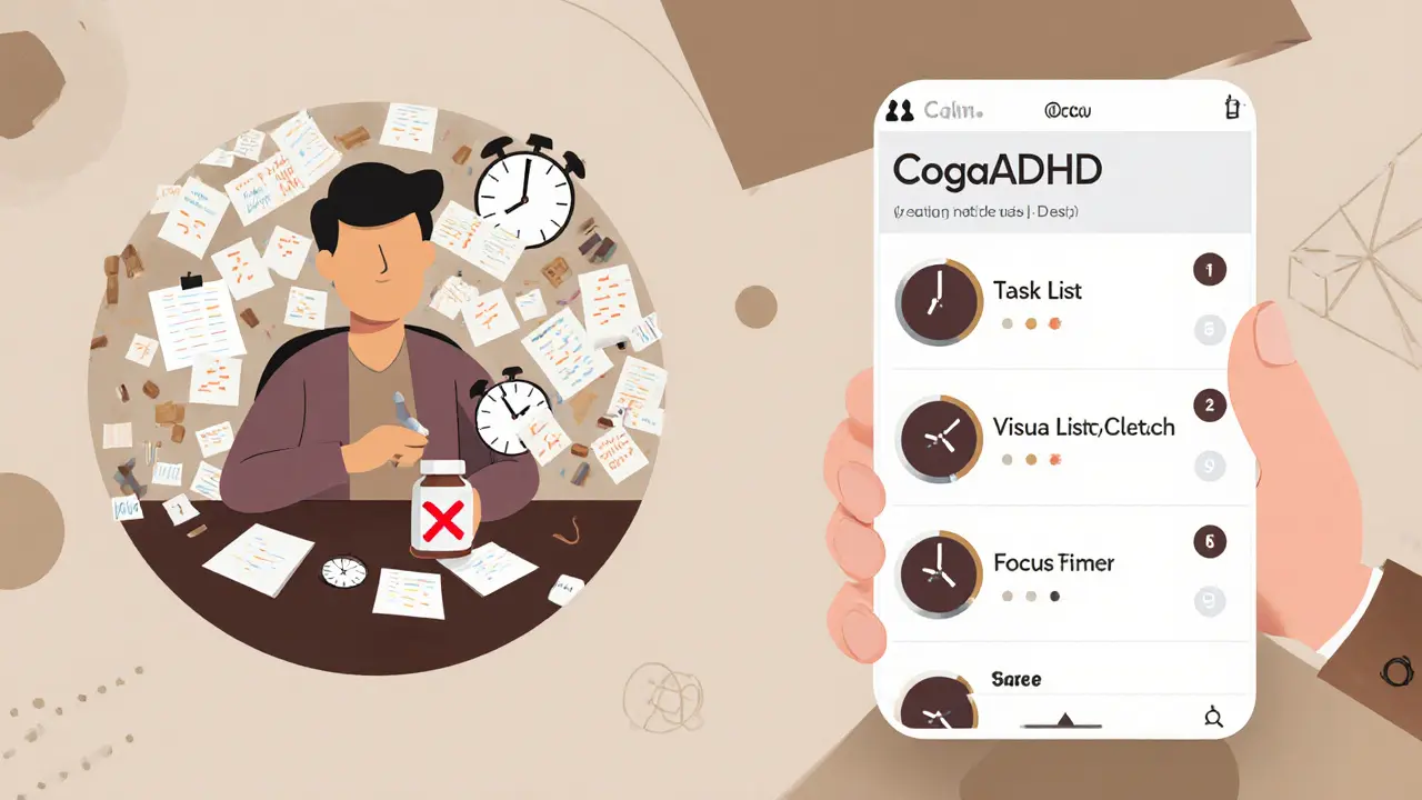 Dospělý v kanceláři s lékem a digitální aplikací pro trénink pozornosti, terapeut ho vede k organizaci.