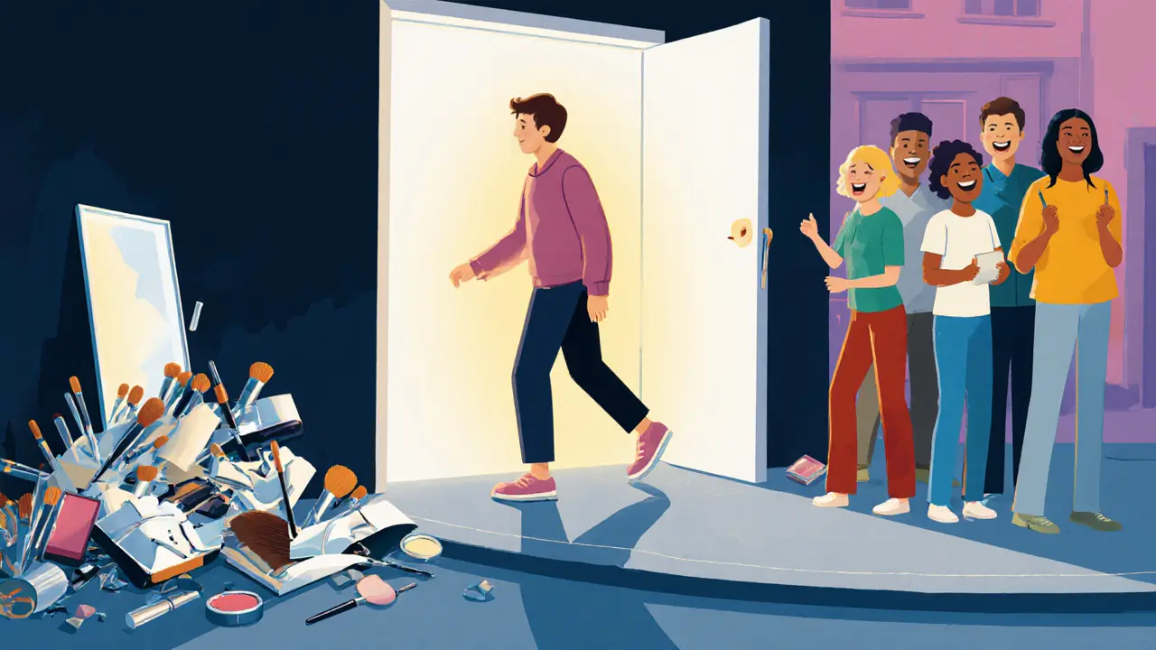 Osoba opouští temný prostor a vstupuje do světlé ulice, kde jsou lidé šťastní.