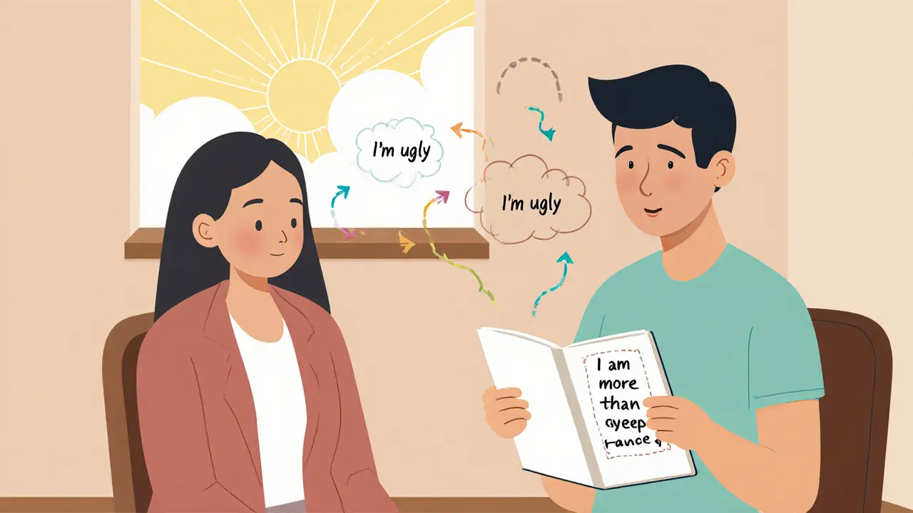 Terapeut a pacient spolu diskutují o myšlenkách o vzhledu v klidné místnosti.