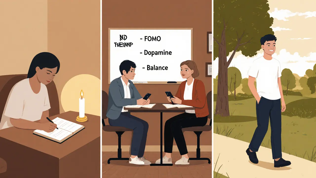 Tři scény: osoba piše do deníku, terapeut a klient hovoří, student se prochází v parku bez telefonu.