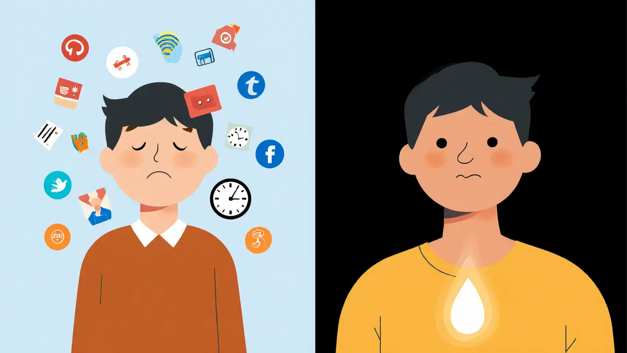 Dvě scény: levá strana s chaotickými digitálními ikonami, pravá s člověkem a jedním svítícím semínkem.