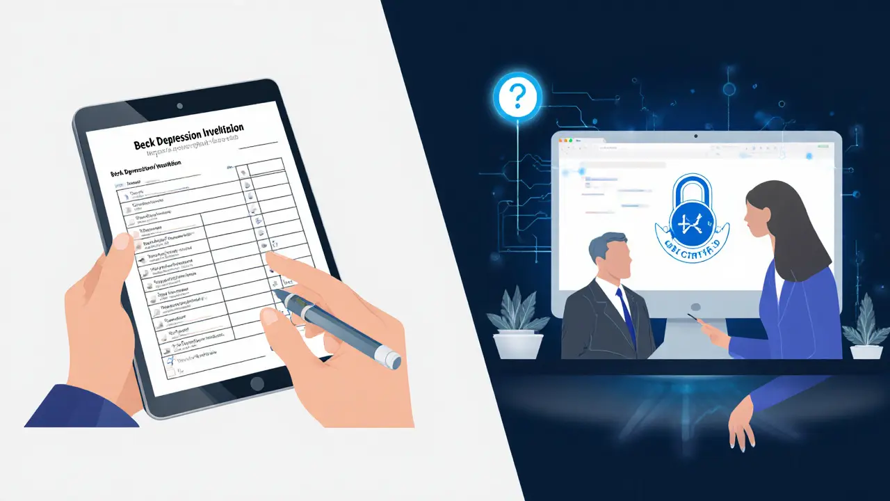 Klient vyplňuje dotazník na tabletu, terapeut ho sleduje na bezpečné platformě.