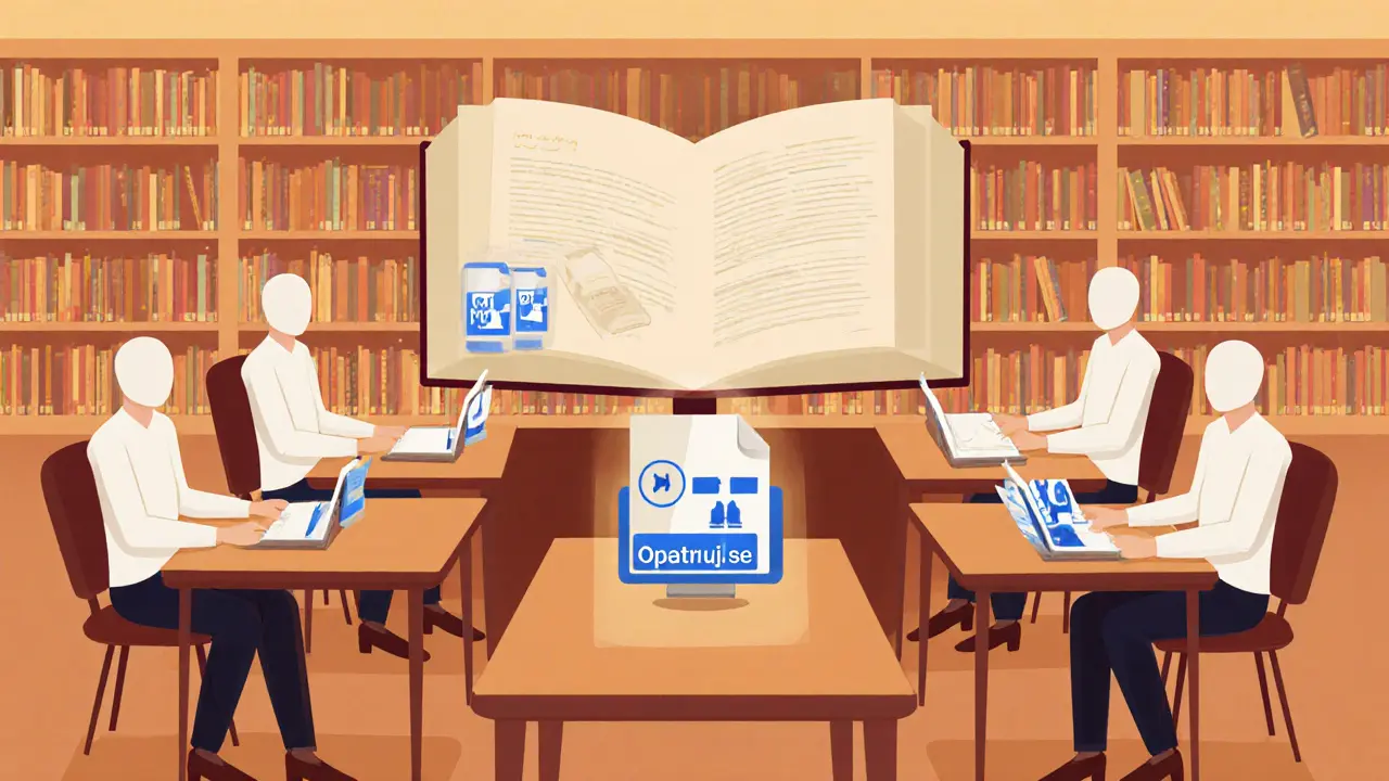 Knihovna v soumraku s lidmi, kteří využívají anonymní psychologické pomoci.