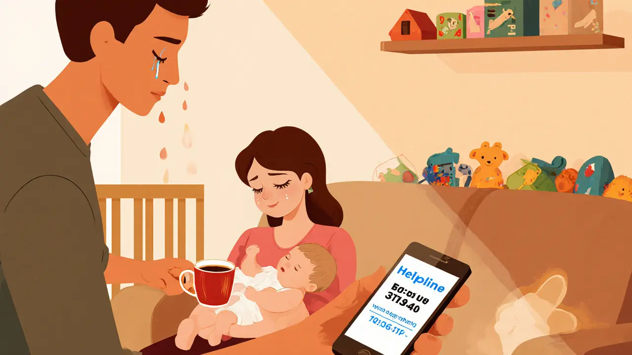 Matka pláče, zatímco její partner jemně podává čaj a položí ruku na její záda, teplé osvětlení a klidná atmosféra domova.