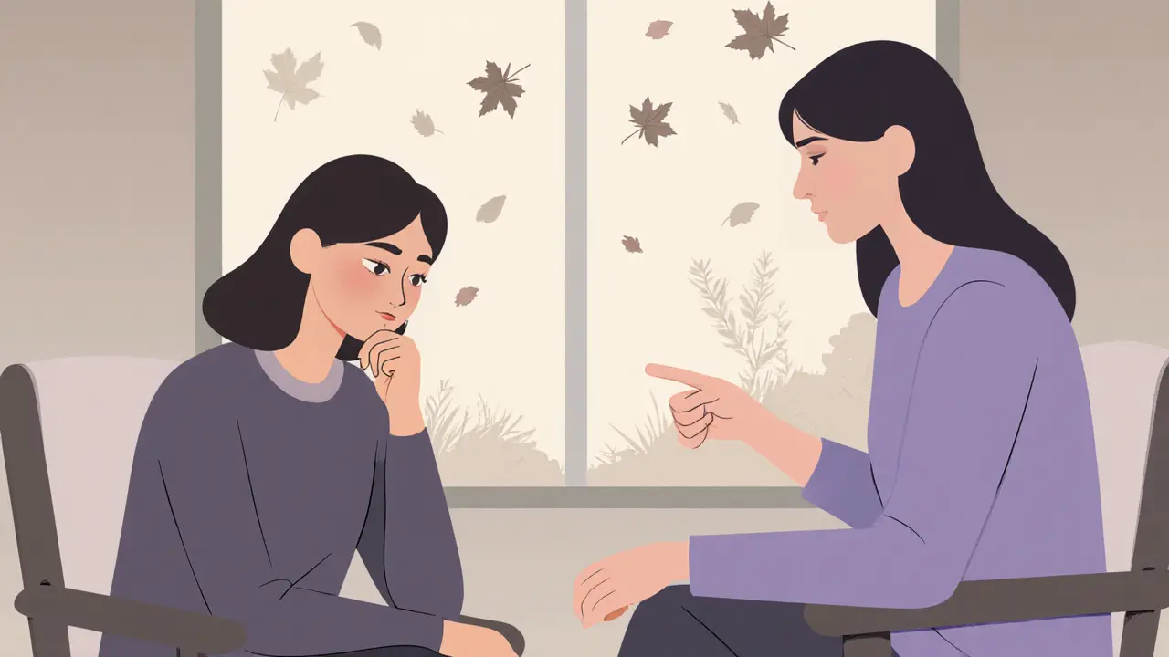 Terapeut a klient mlčí, terapeut přikyvuje, za nimi je okno s listím padajícím venku.