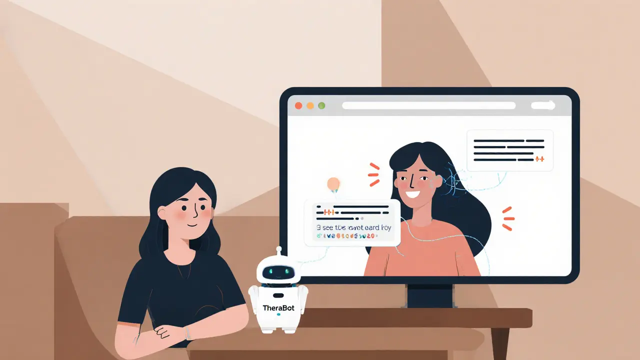 Terapeut spolupracuje s AI asistentem během online sezení.
