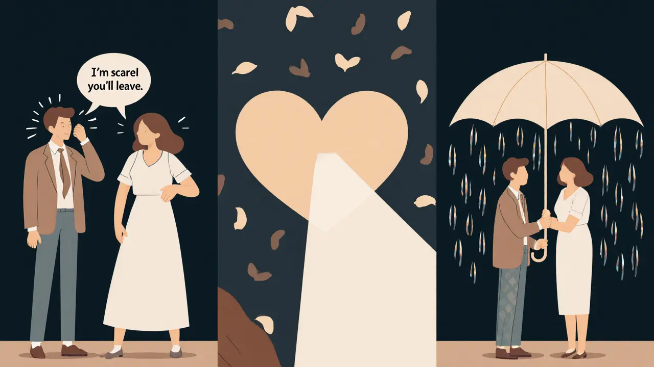 Tři scény znázorňují přechod od hádky k emoce a nakonec k obnově blízkosti mezi partnery.