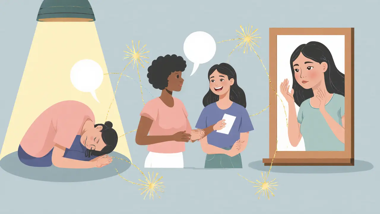 Tři ženy v různých fázích hojení: jedna osamělá, jedna v terapii, jedna se usmívá do zrcadla, spojené zářící nití světla.