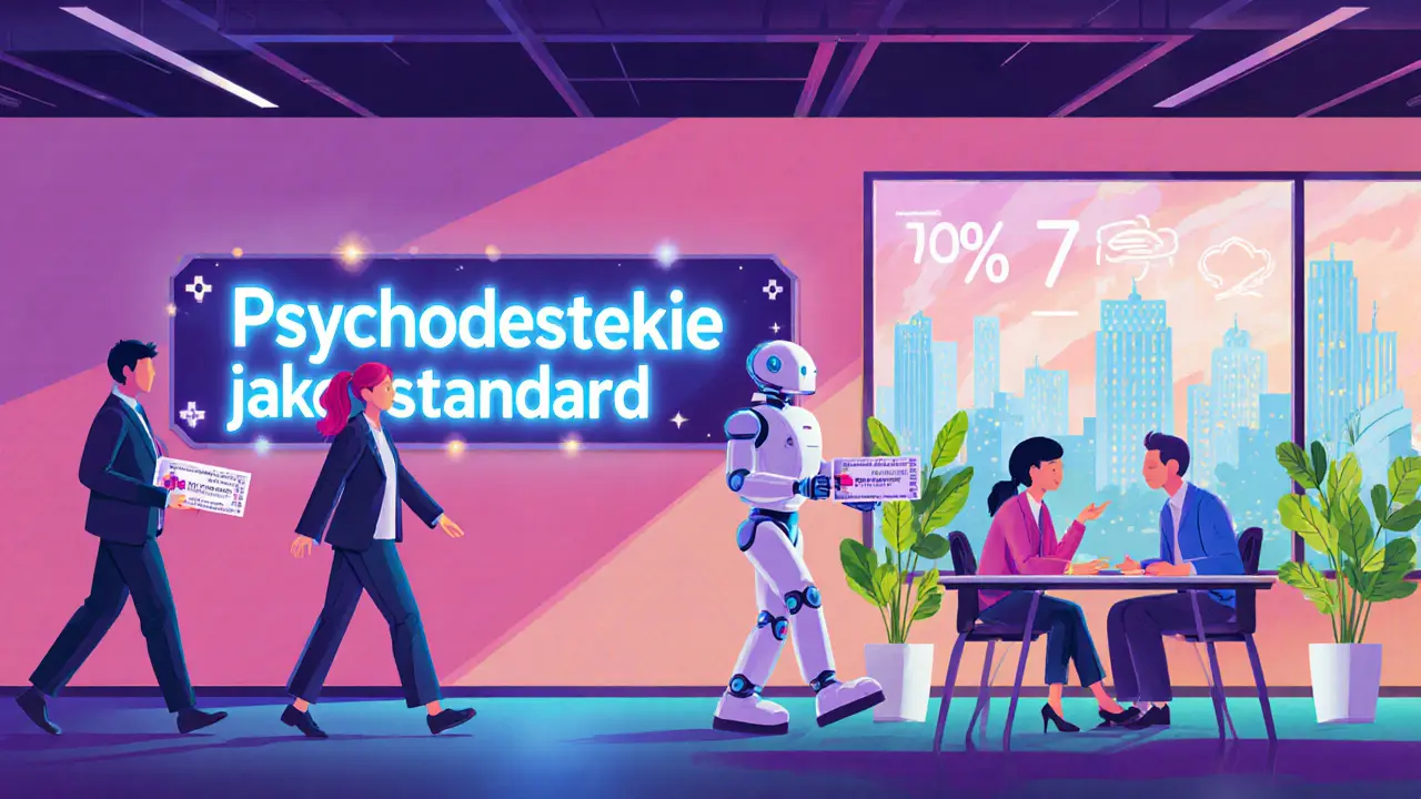 Budoucí kancelář v roce 2030, kde psychoterapie je běžným benefitem pro zaměstnance.
