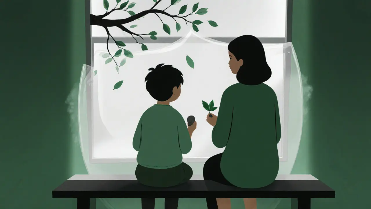 Dítě a terapeut sedí vedle sebe, míří ven oknem, oba drží přírodní předměty, atmosféra klidu a důvěry.