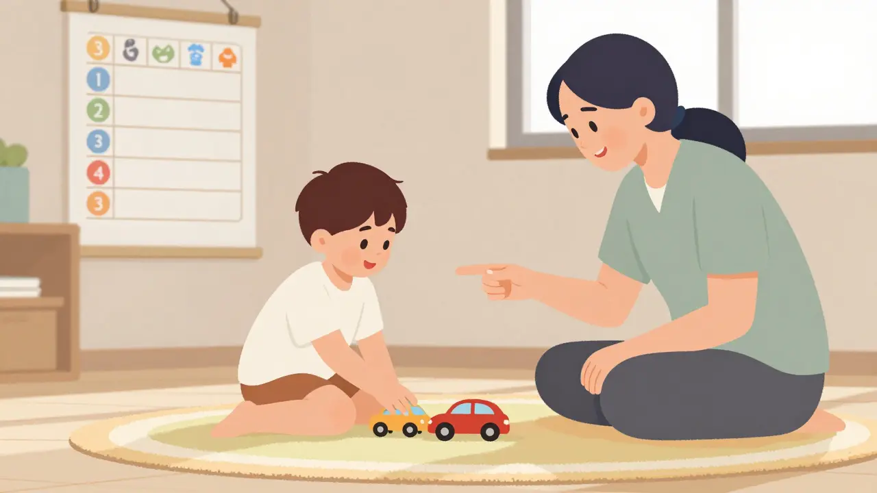 Dítě hraje s autíčky s terapeutem, ruce jsou v pohybu stimmingu, ale není přerušováno.