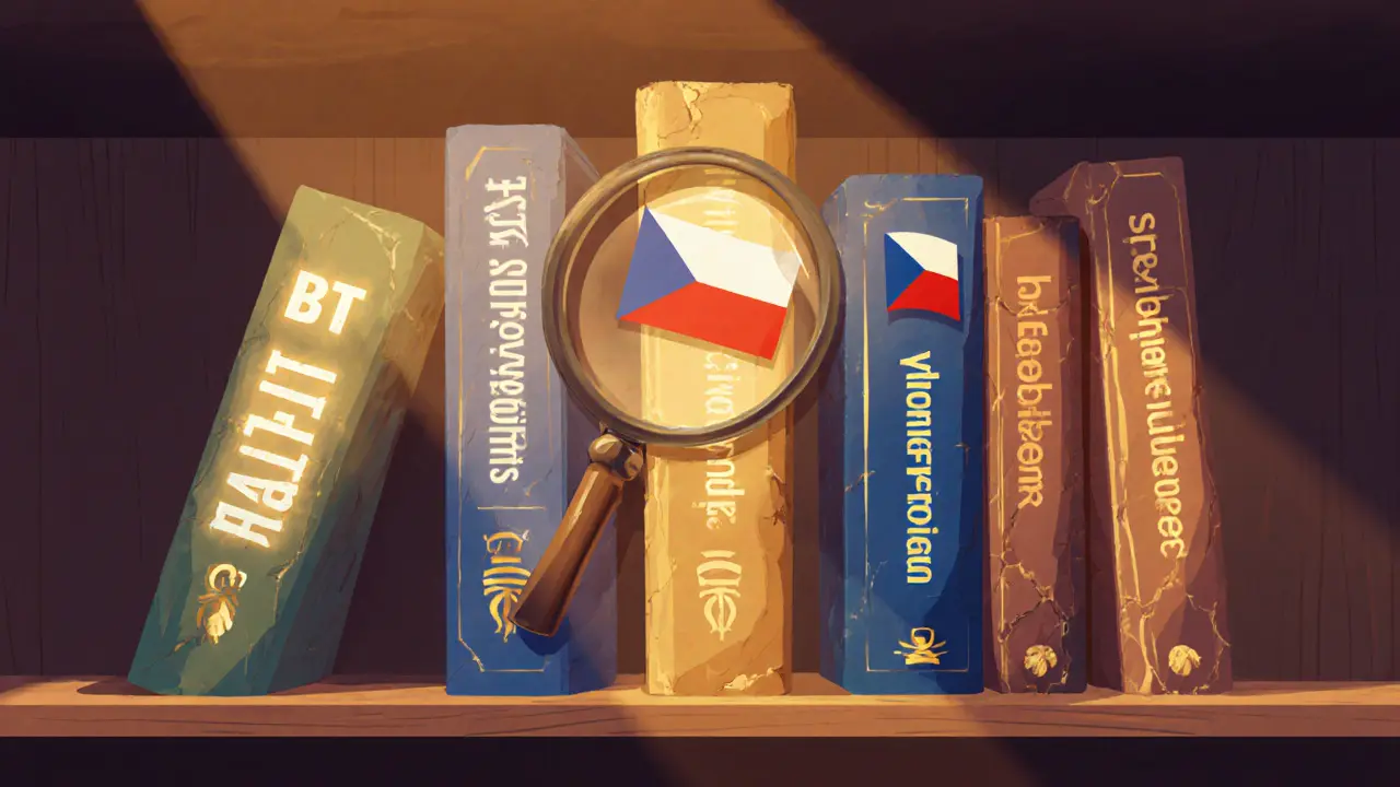 Knihovní police s terapeutickými metodami, některé září, jiné jsou poškozené.