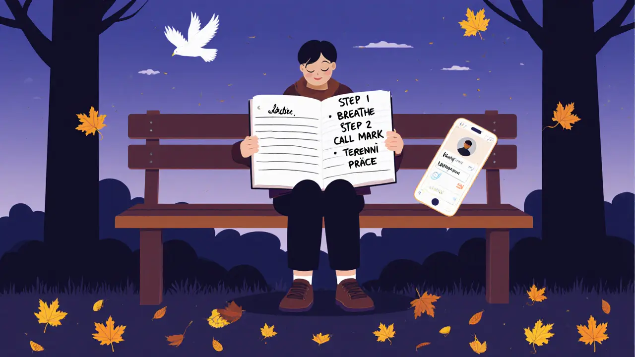 Osoba na lavičce s coping plánem v sešitu, telefon a listí kolem ní.