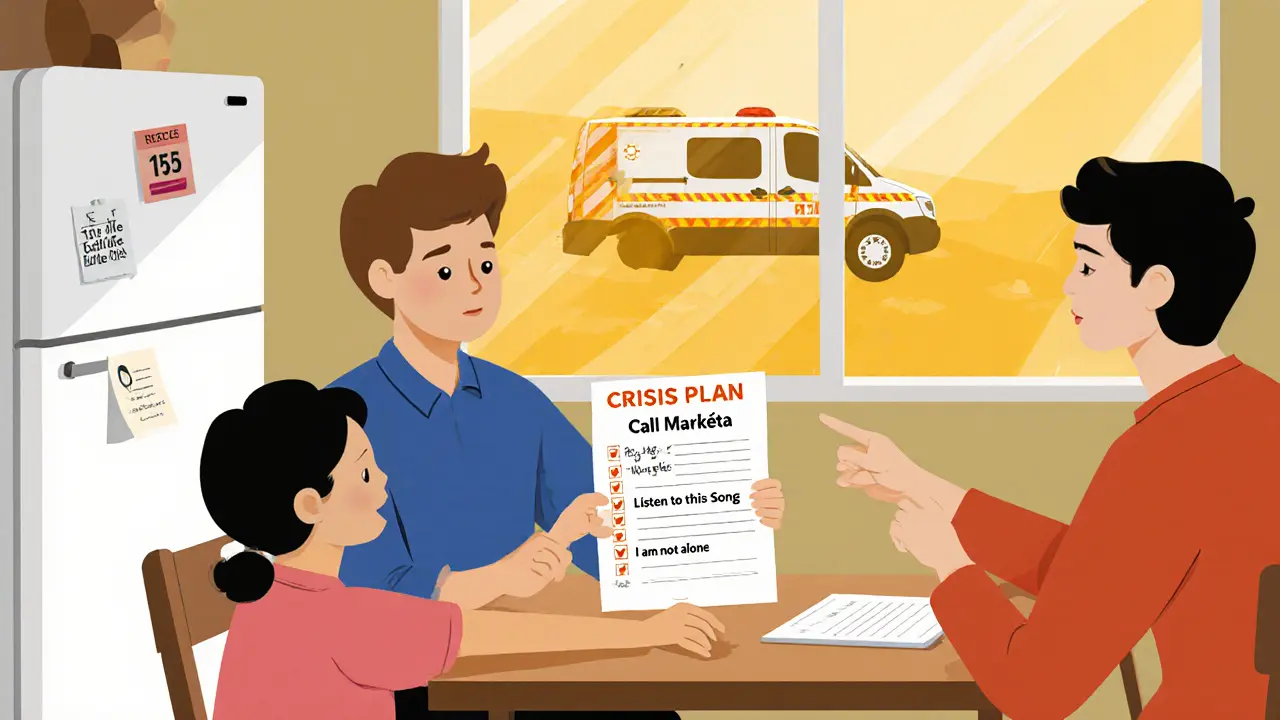 Rodina u stolu s krizovým plánem na lednici, venku viditelná pohotovostní služba.