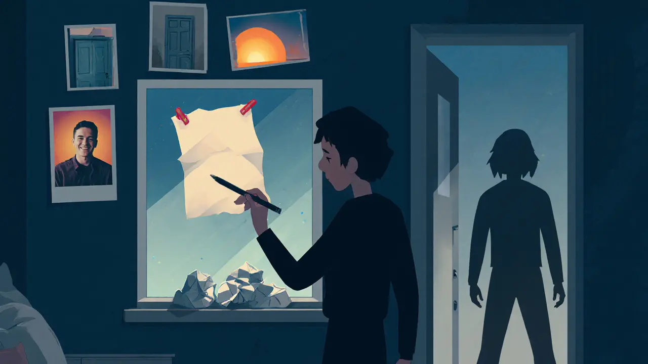 Ruka táhne po kartě připnuté na zrcadlo, v pozadí fotografie a východ slunce.