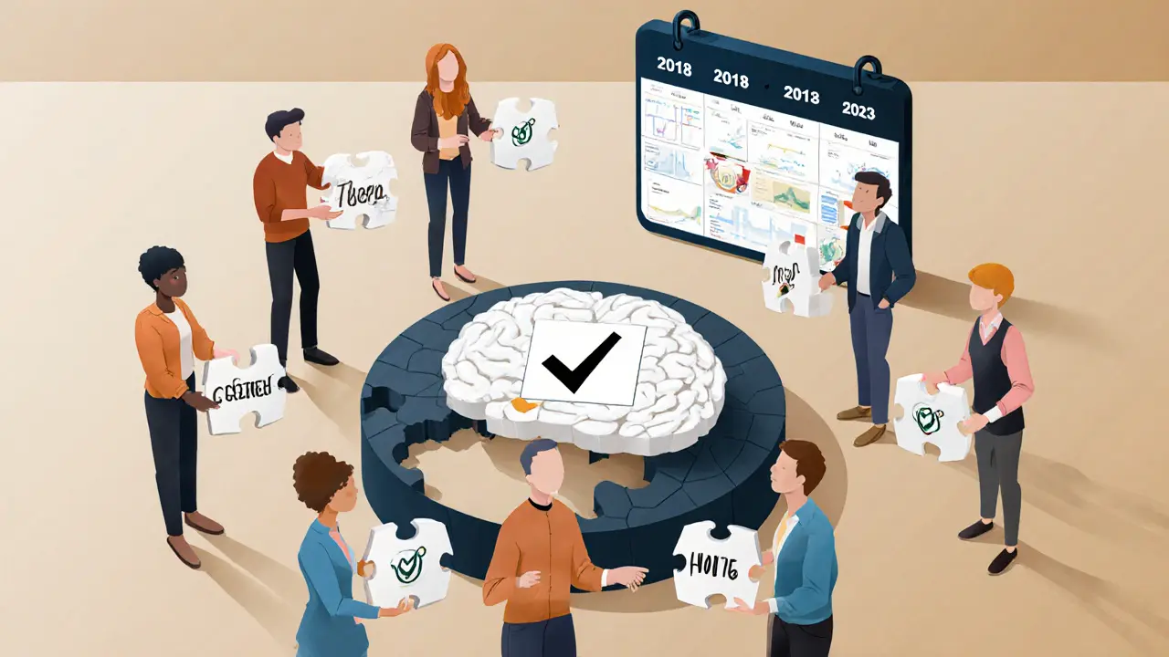 Různí lidé skládají puzzle s emoce, jedna část symbolizuje český kontext.