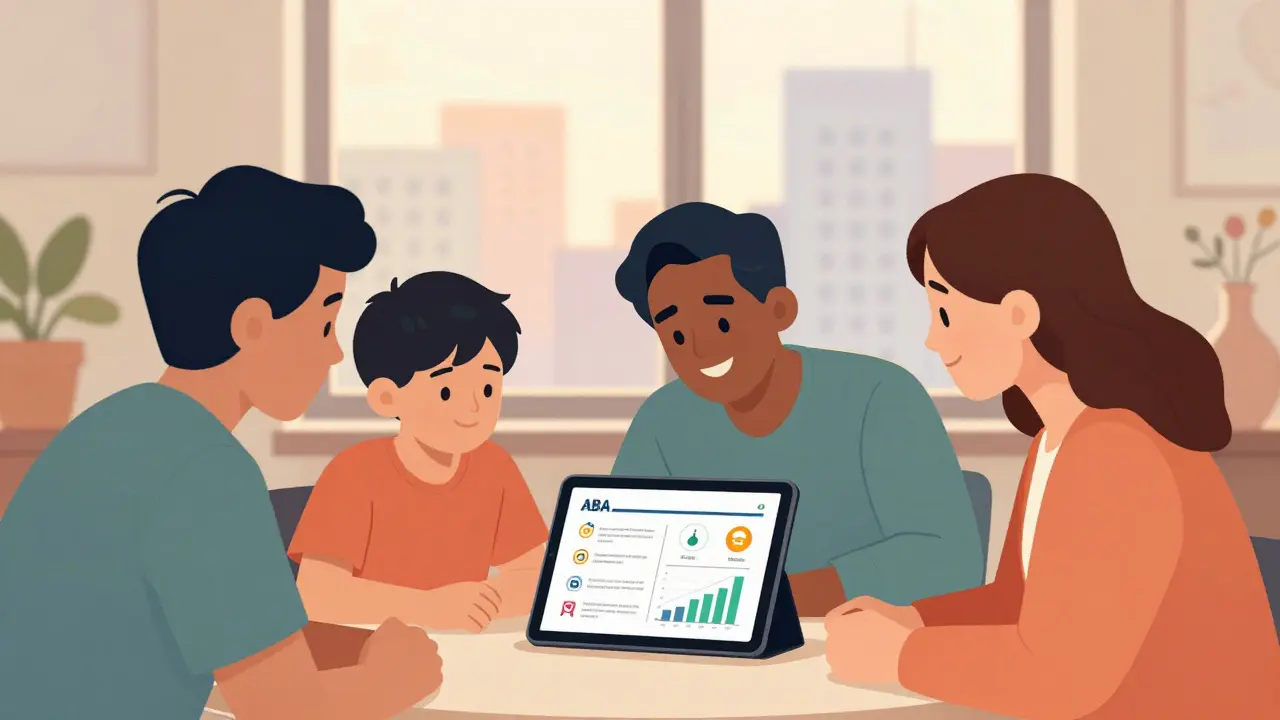 Různí lidé společně prohlížejí digitální plán ABA terapie s ikonami a grafy.