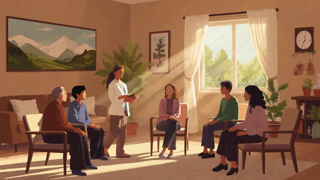 Skupina lidí v terapeutickém kruhu v klidném prostředí rezidenční léčby, terapeut je přítomen.