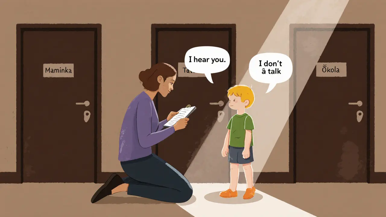 Terapeut a dítě komunikují bez slov, dítě říká &#039;Nechci mluvit&#039;, terapeut reaguje klidem.