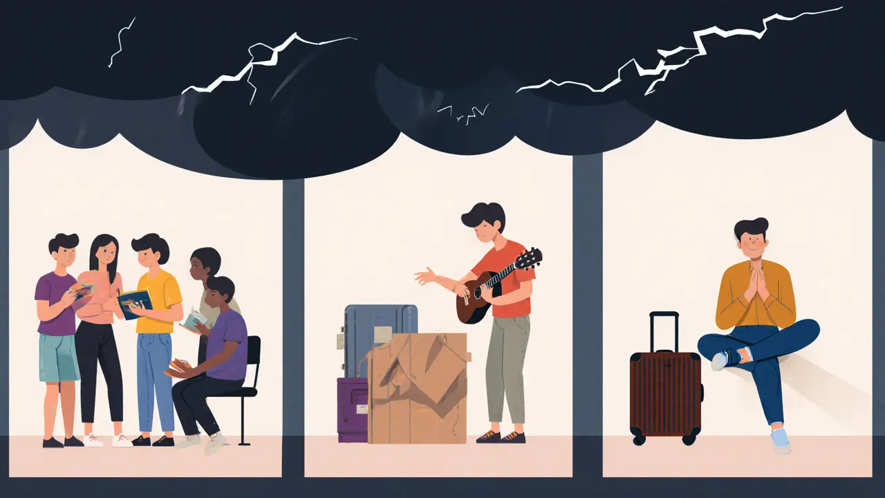 Tři scény ukazují varovné znaky: odstup od lidí, rozdávání věcí a klid po úzkosti.