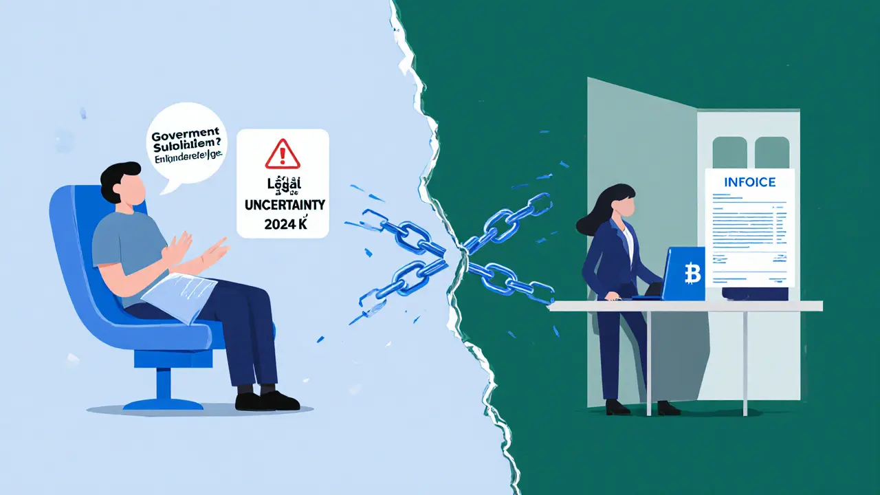 Dvě scény psychoterapie: jedna s příspěvkem z pojišťovny, druhá s placením od firmy, spojené přerušeným řetězem.