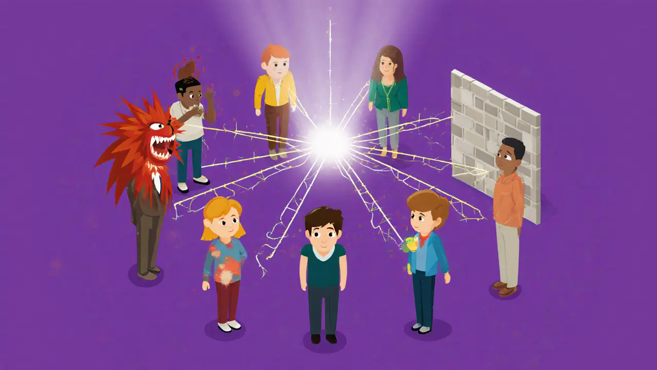 Skupina lidí v kruhu, každý s vlastním vnitřním režimem, propojených světelným vláknem.