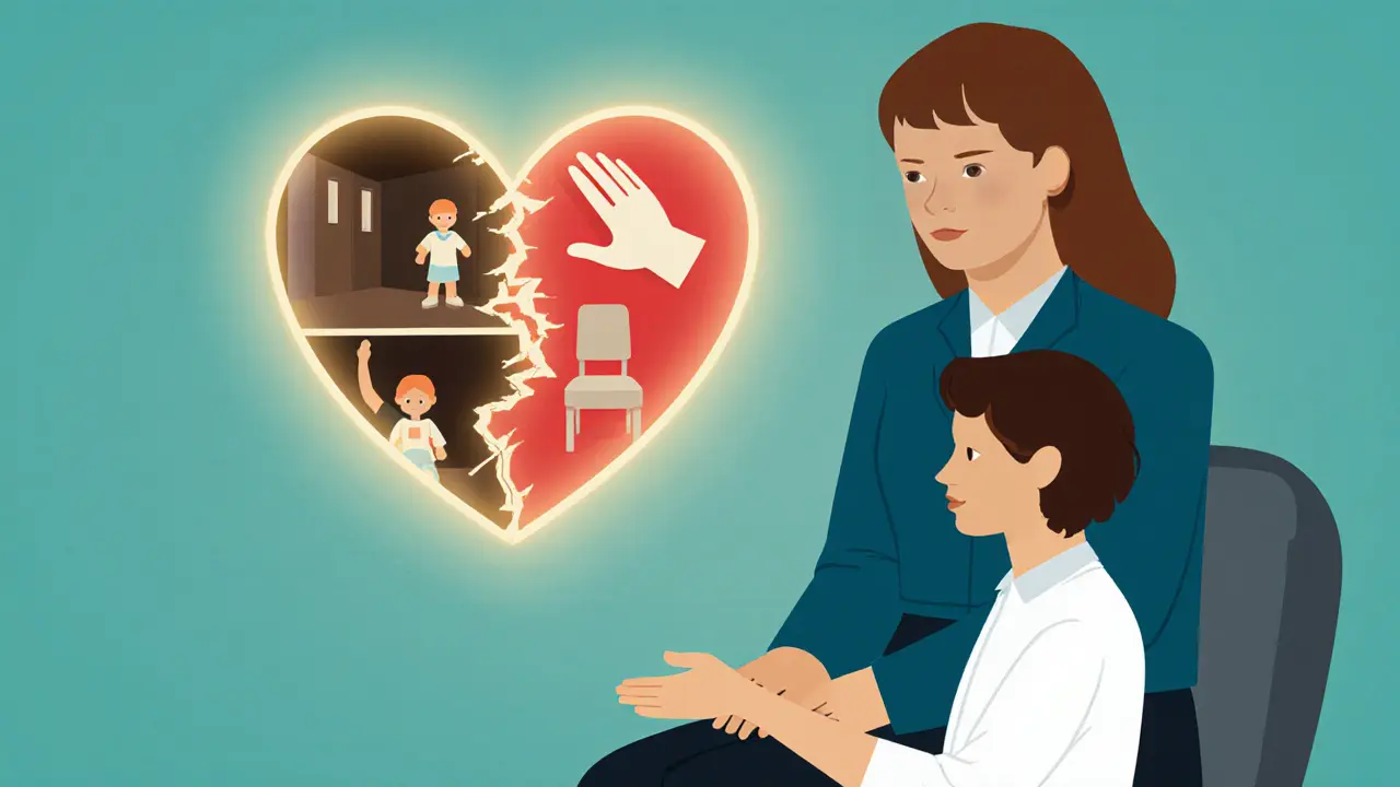 Terapeut klidně podává ruku klientovi, který má nad hlavou prasklý srdcový štít s dětskými vzpomínkami.