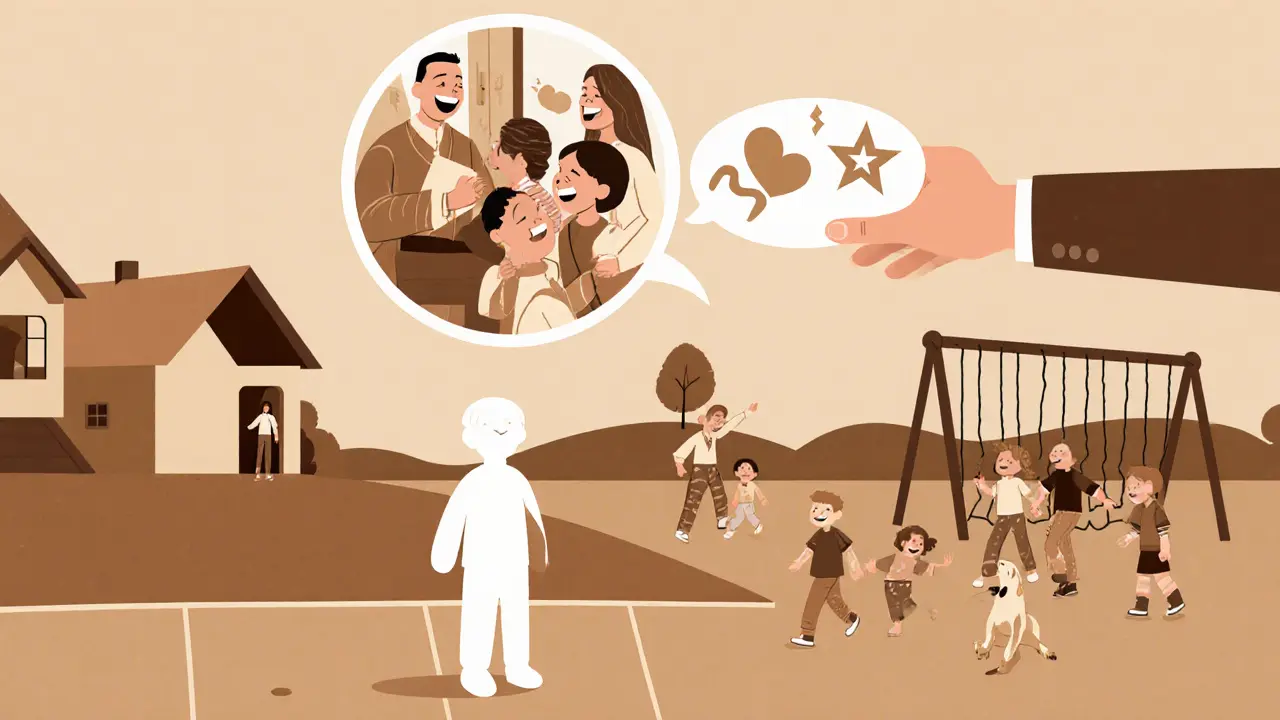 Dítě stojí na hřišti, nad hlavou má obraz domova, terapeutka nabízí symboly místo slov.